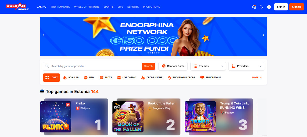 Vulkan Spiele Casino veebisaidi disain ja navigeerimine